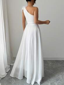 Váy không tay cổ lệch màu trơn kiểu Pháp cổ điển - trắng - Xem 2