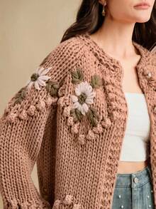 Anewsta Handmade Embroidered Thick Knit Cardigan Sweater Jacket For Women, Autumn/Winter - Coral Pink - View 8