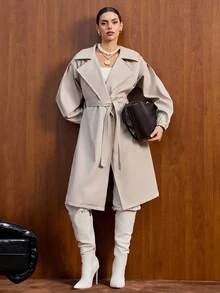 CLARA VERO Trench Coat With Wide Lapel Collar, Long Sleeves With Elastic Cuffs, Waist Tie Belt, Knee-Length, Classic And Stylish Design - Beige - View 3