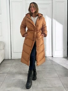 EURMUSE 女士纯色加厚前拉链按扣拉链口袋中长款冬季外套冬季夹克休闲 - 駝色 - 查看 5