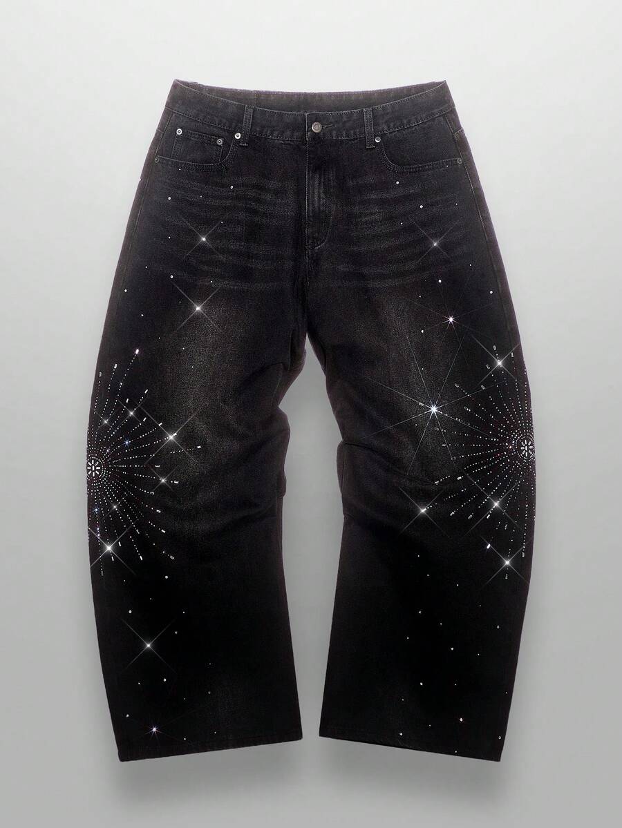 NEON BLANC Men's Rhinestone Embellished Pocket Wide Leg Loose Casual Jeans, Grunge