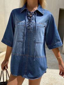 DAZY Áo sơ mi denim rách, rộng rãi, thoải mái dành cho nữ, Thu/Đông - Màu xanh lam - Xem 5