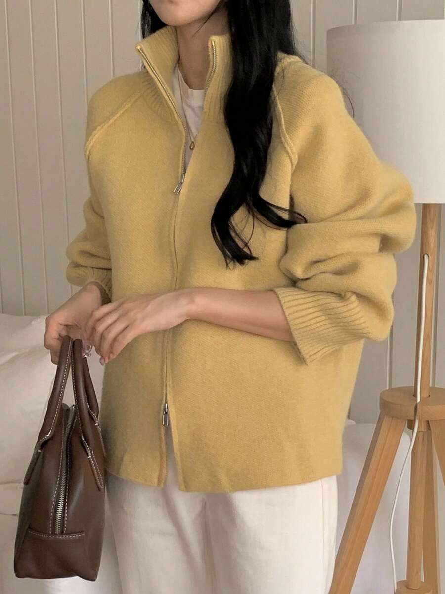 Dazy-Less 女式纯色插肩袖拉链休闲针织开衫,秋冬 - 黃色 - 查看 1