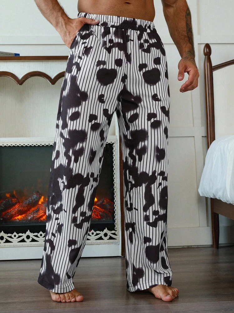 Men's Autumn Leopard And Striped Print Elastic Waist Slant Pocket Lounge Pants, Fall Pajama