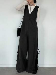 FRIFUL 女士纯色侧系带宽松休闲连体裤，秋季简约连体裤，无袖连体裤，阔腿连体裤 - 深灰色 - 查看 5