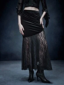 万圣节暗黑哥特浪漫风天鹅绒拼布蕾丝鱼尾裙 - 黑色 - 查看 3