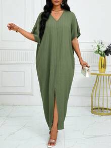 SHEIN Lady 春夏休闲绿色亚麻编织开衩蝙蝠袖中长连衣裙，大码连衣裙，适合度假、海滩、婚礼宾客、商务休闲和舞会等场合。