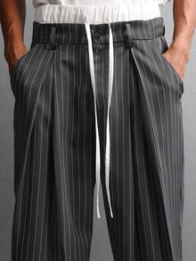 SUMWON Loose Fit Double Waistband Pinstripe Trouser With Pleats Wide Leg Formal Business Casual Office Pants - Grey - View 7