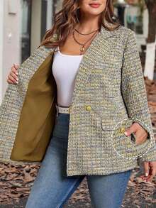 SHEIN Clasi Áo khoác blazer cổ ve kẻ caro tay dài cài hai hàng khuy thường ngày cho nữ cỡ lớn - Nhiều màu - Xem 1
