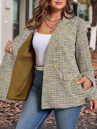 SHEIN Clasi 大码女式格子翻领长袖双排扣休闲西装外套