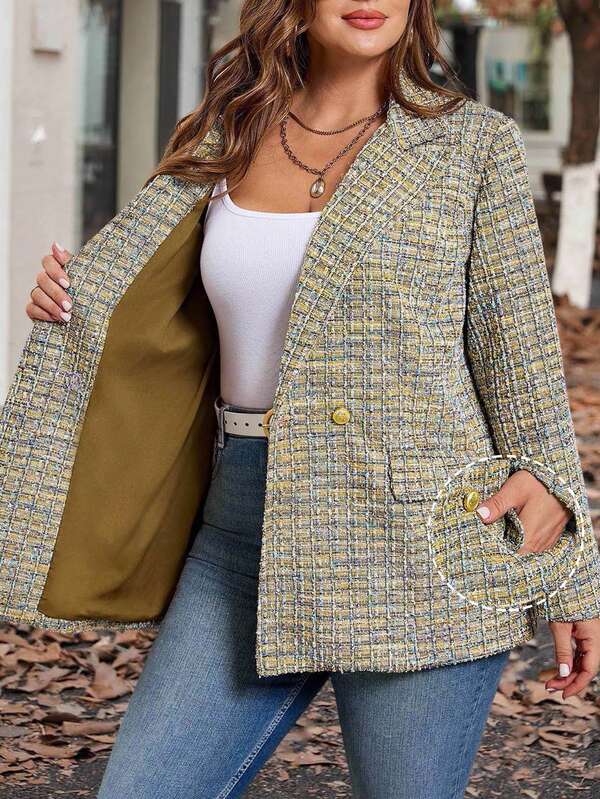 SHEIN Clasi Plus-size dames geruite reverskraag, lange mouwen, dubbelrijs casual blazerjasje