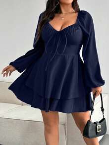 Clasi Vestido elegante de talla grande de unicolor con cintura anudada y doble dobladillo - Azul marino - Ver 6