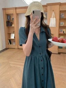 DAZY 女式复古牛仔短袖连衣裙，高腰修身A字长款牛仔连衣裙，春季新款太阳裙 - 中等水洗藍 - 查看 6