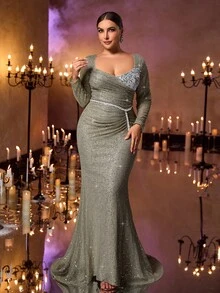 Glamrae Elegantes luxuriöses Kleid in Große Größen mit Pailletten, Tüll und gerafftem Meerjungfrauensaum, geeignet für Hochzeiten, Partys, Urlaub, Galas und formelle Anlässe (starke Verzierung)