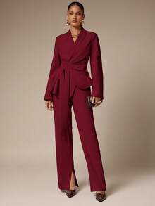 Silquee 秋冬时尚优雅通勤纯色系带西装外套 - 酒紅色 - 查看 6