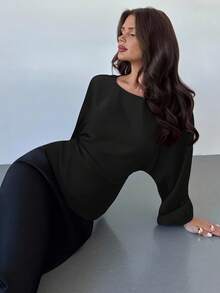 Firerie Women's New Elegant Romantic Casual Urban Commute Elegant Fashion Versatile Round Neck Batwing Long Sleeve Blouse, Suitable For Teachers, Autumn Black Top - Black - View 7