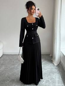 Elenzga 2 件套：优雅方领单排扣长袖上衣和超长褶裙 - 黑色 - 查看 4