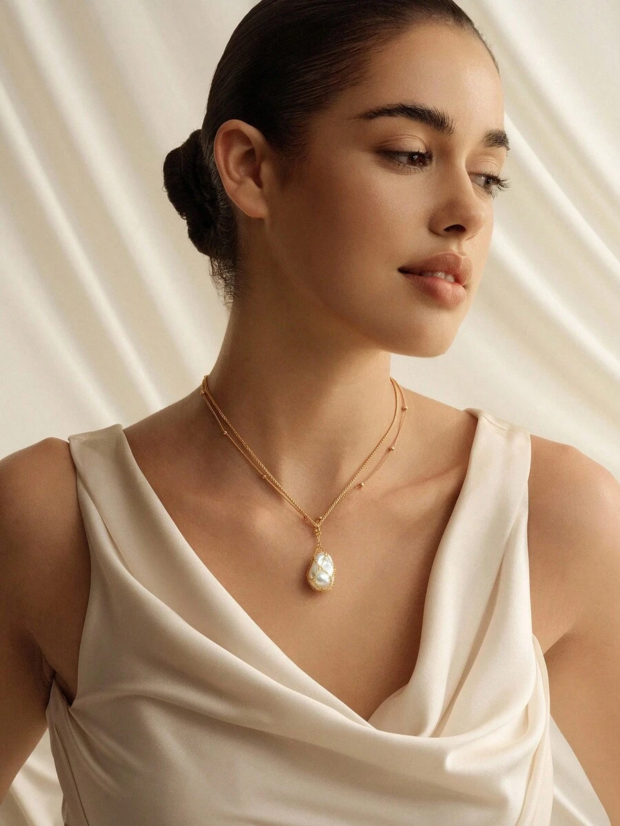 Opalesca 不对称仿珍珠吊坠项链，适合日常佩戴 - 金黃色 - 查看 1