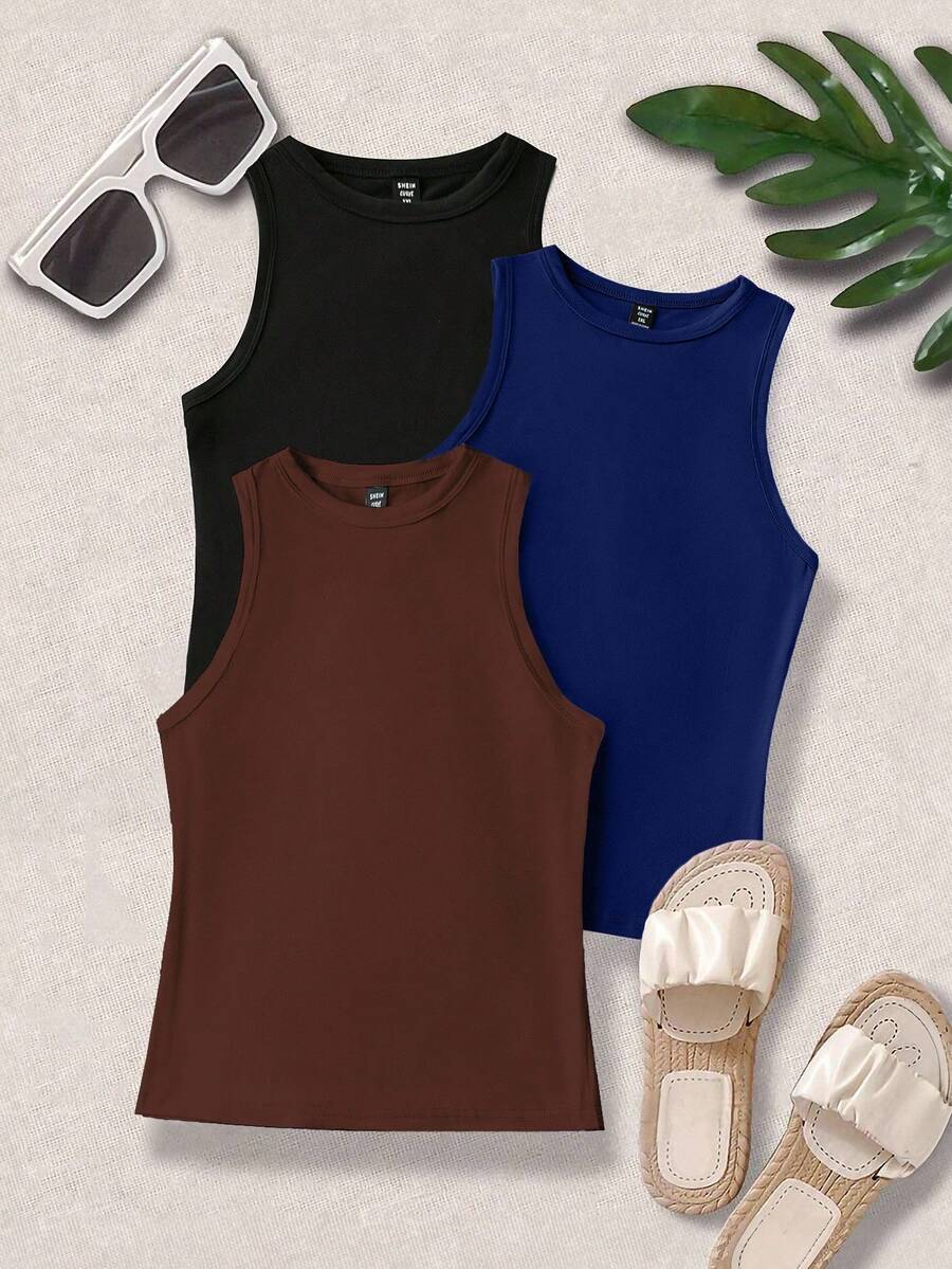 SHEIN LUNE Plus Size Casual Solid Color Round Neck Tank Top, Summer