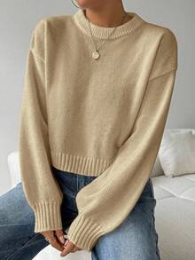 EMERY ROSE Women's Solid Color Simple Casual Crew Neck Long Sleeve White Sweater - Apricot - View 3