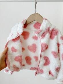 SHEIN LMoss Kids 女婴拼色毛绒心形印花拉链休闲保暖夹克 - 彩色 - 查看 5