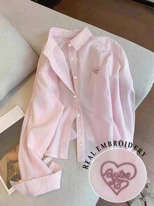 Resyla Heart & Letter Embroidered Loose Casual Long Sleeve Women Shirt
