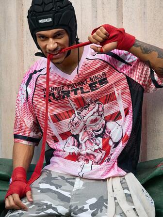 TEENAGE MUTANT NINJA TURTLES X ROMWE Camiseta de manga corta casual de verano para hombres con estampado de tortugas