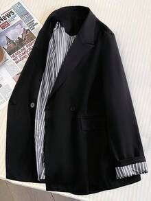 SHEIN Clasi Blazer de manga larga de uso diario minimalista con rayas de talla grande - Negro - Ver 1