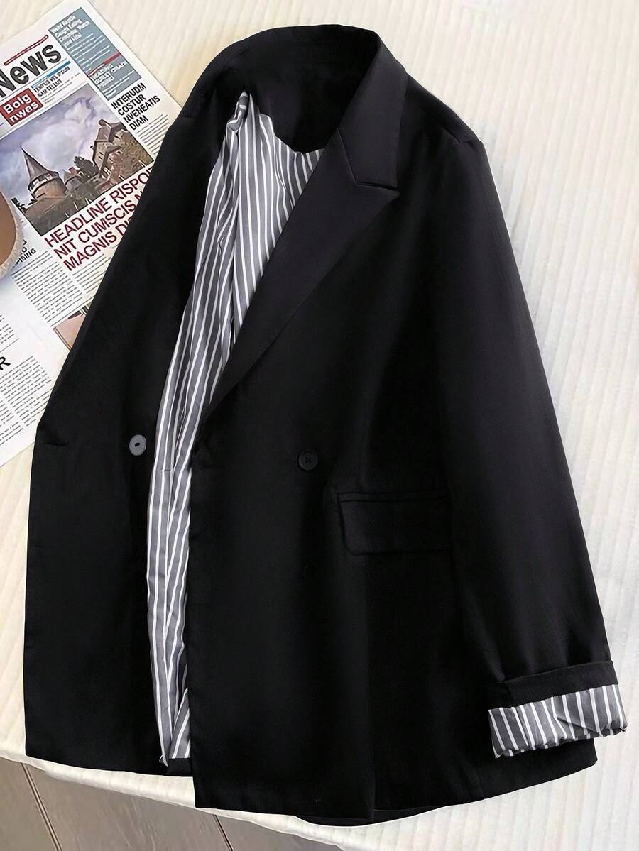 SHEIN Clasi Blazer de manga larga de uso diario minimalista con rayas de talla grande - Negro - Ver 1