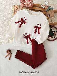 Cozy Pixies 2 Stücke/Set Kleine Mädchen Weihnachten Candy Cane Farbblock Schleife Dekor Rundhals Langarm Kapuzen Sweatshirt und Jogginghose mit elastischem Bund - Rot - Übersicht 9