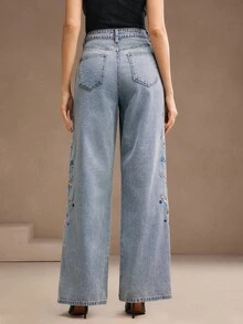 Anewsta Quần Jeans Denim Túi Xiên Thêu Hoa Thường Ngày Cho Nữ - Màu xanh nhạt - Xem 2