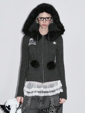 J-Fashion Cardigan à capuche zippé en peluche avec broderie squelette et étoiles Abby, style Y2K Baddie, pour Halloween