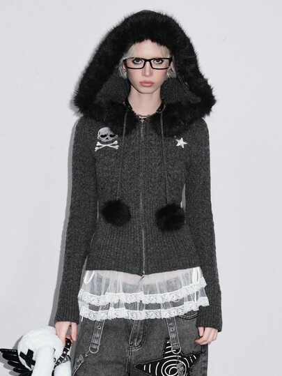 J-Fashion Cardigan à capuche zippé en peluche avec broderie squelette et étoiles Abby, style Y2K Baddie, pour Halloween
