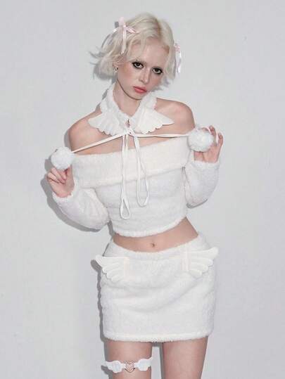 ROMWE Avant Ensemble de 3 pièces pour femmes composé d'un Top ajusté à épaules dénudées de couleur unie élégant et mignon, d'une jupe à ailes 3D et d'un cache-cou en fourrure avec nœud pompon, pour l'automne/hiver