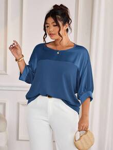 Cravure Plus Size Round Neck 3/4 Sleeve Metallic Fabric Patchwork Contrast Color Woven Fabric Cuff Raglan Sleeve Casual Outgoing Holiday Commute Party Pullover Shirt - Cadet Blue - View 6