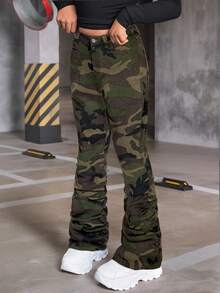 SHEIN Tween Girls Y2K Tree Branch Printed Flared Jeans With Pleats And Flap Pocket Stacked Jeans, Camo Cargo Pants, Teen Girl Camo Pants, Camouflage Jeans, Girls Camo Pants - Army Green - View 3