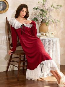 فستان ماكسي أنيق مخطط مبطن للنساء، قميص نوم أنيق للخريف/الشتاء، قميص نوم طويل الأكمام، قميص نوم من الدانتيل، قميص نوم كوتاجكور، قميص نوم مزين بالدانتيل، قميص نوم أحمر، خريف - عنابي اللون - مشاهدة 3