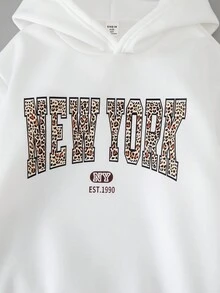 2pcs/Set Tween Girls Letter Print Hoodie Sweatshirt + Green Cargo Pants Casual Street Style Outfit, Autumn/Winter Fall - Khaki - View 4