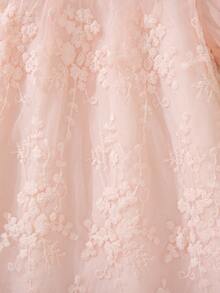 Baby Girl Beige Embroidered Mesh Puff Sleeve Princess Dress, Suitable For Birthday Party, Evening Party, Daily Wear - Dusty Pink - View 7