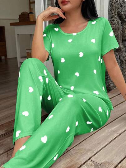 Heart Print Short Sleeve Top Pants Pajama Set view 6