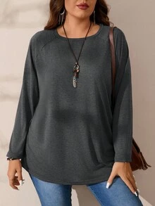 EMERY ROSE Plus Size Round Neck Long Sleeve Casual Loose Soft Appealing Winter T-Shirt,Fall Clothes - Dark Grey - View 4