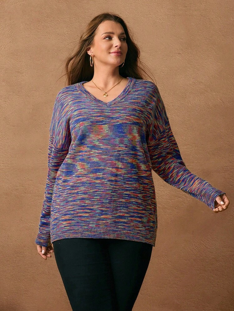 Plus Size Women's Tie-Dye V-Neck Drop Shoulder Long Sleeve Casual Pullover Sweater, Autumn/Winter, Winter Clothes For Women,Christmas Sweater,Plus Size Winter Clothes Elegant Casual