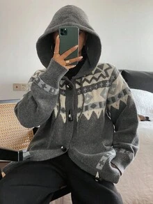 Livesso Women's Loose Business Casual Colorblock Plaid Rhinestone Horn Button Decor Hooded Cardigan Knit Top, Autumn/Winter - Grey - View 7