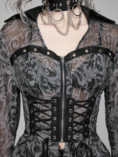 EDITION Blouse ajustée pour femmes avec ourlet asymétrique, décoration de rivets et laçage, style gothique punk