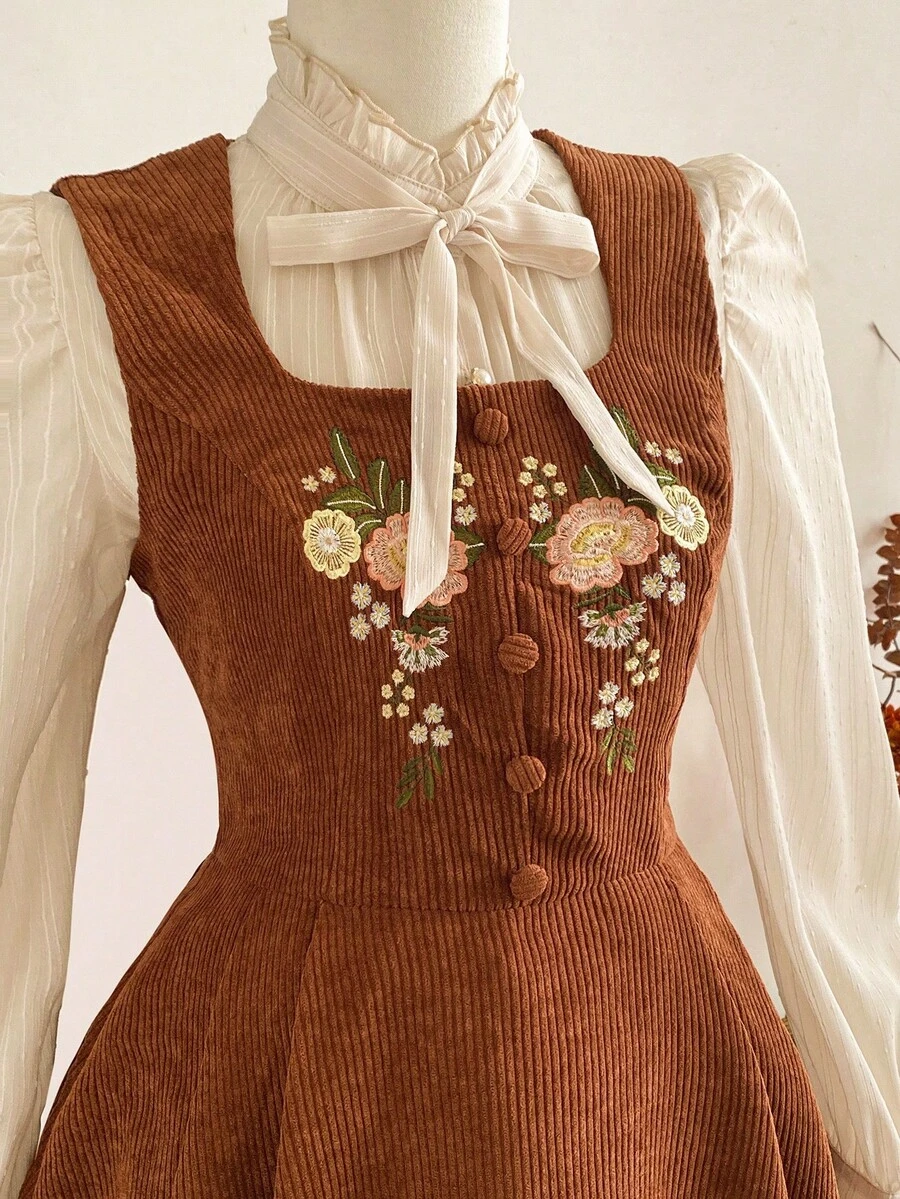 Vintamour Vintage Elegant Women's Corduroy Dress With Pockets Floral Embroidery Button Brown Floral,Autumn,Cottage Core,Tea Party Christmas Holiday Outfits