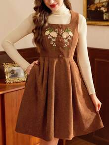 Vintamour Vintage Elegant Women's Corduroy Dress With Pockets Floral Embroidery Button Brown Floral,Autumn,Cottage Core,Tea Party Christmas Holiday Outfits - Brown - View 9