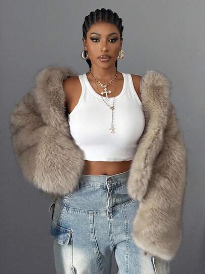 Maweii 女式复古别致仿皮草夹克，休闲连帽长袖宽松驼色短外套，适合工作、派对、休闲装、秋冬，加大码