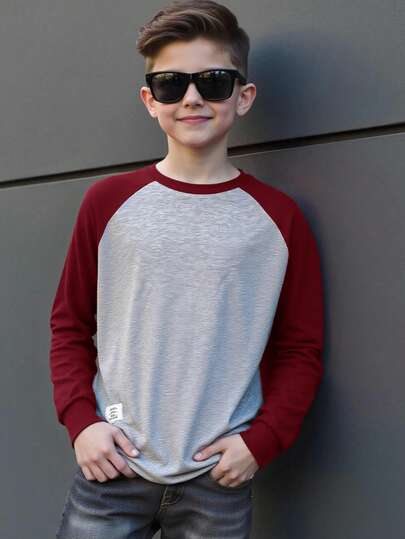 Camiseta de manga larga con bloques de color para niños preadolescentes, casual, cómoda, de moda, versátil, de tela suave, adecuada para uso diario, escuela, salidas, actividades al aire libre, todas las estaciones