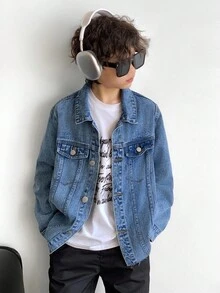SHEIN 这款青少年男孩时尚休闲 Y2K 复古酷炫街头风回归校园学院风，简约百搭，宽松下摆设计搭配蓝色牛仔翻领长袖外套，适合日常穿着，也适合秋冬季节参加锐舞派对和街头潮流活动。 - 藍色 - 查看 2
