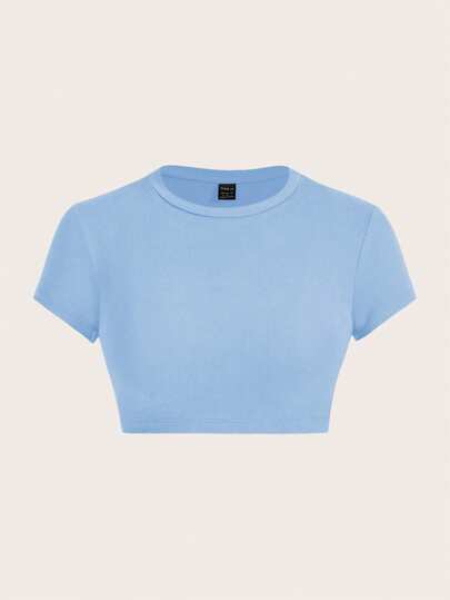SHEIN ICON Casual Solid Color Round Neck Short Sleeve Fitted Cropped Women T-Shirt, Suitable For Summer